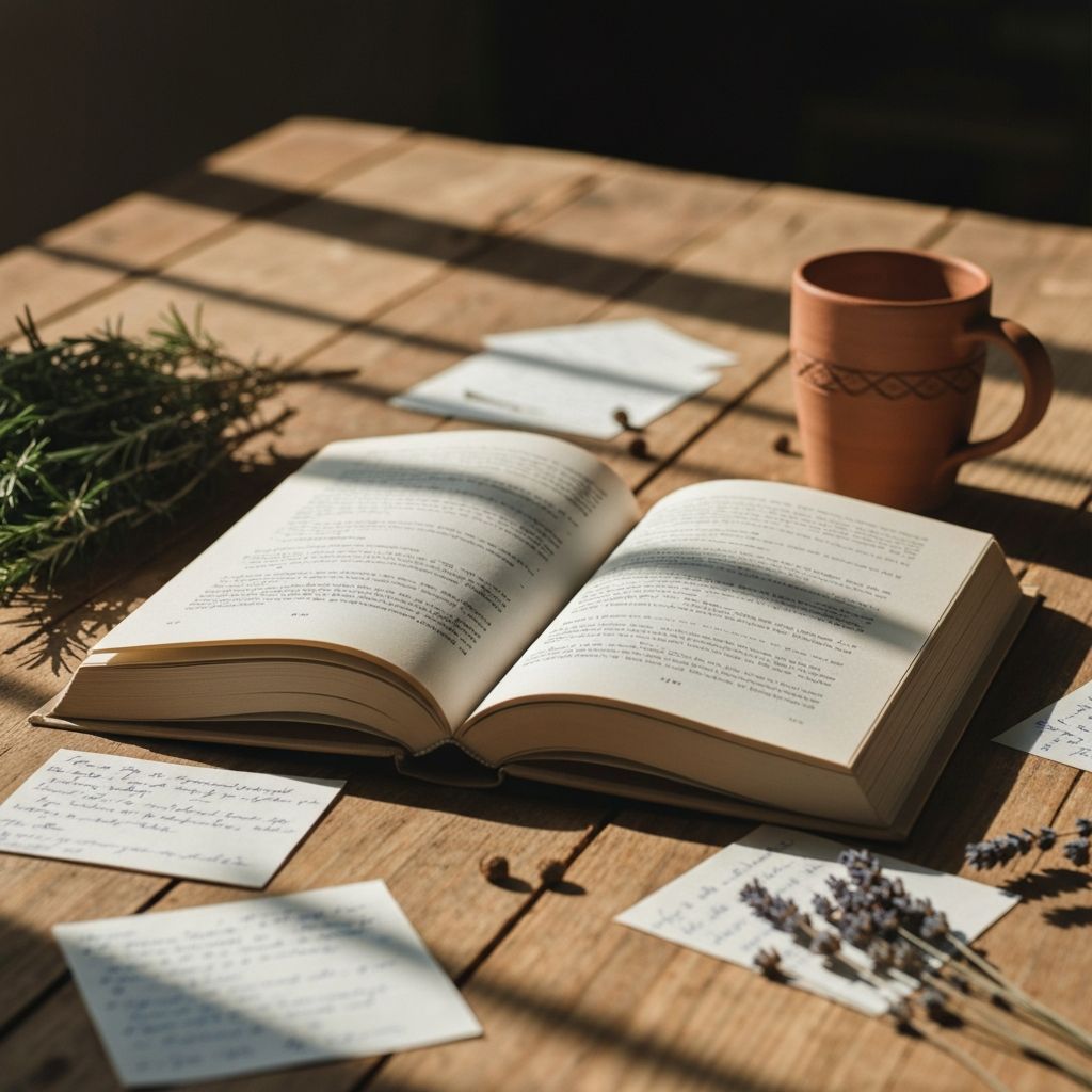 Open book with notes and dried herbs in a contemplative setting