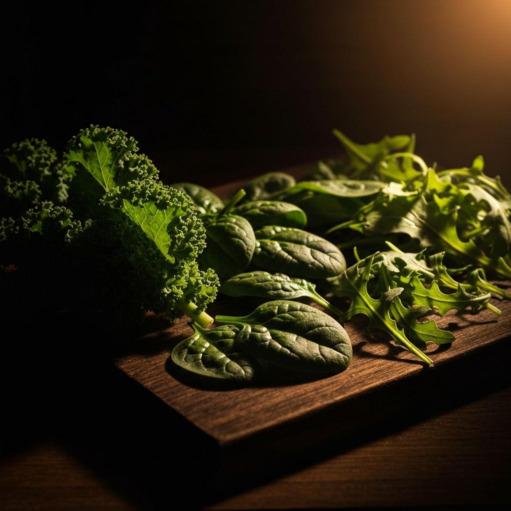 Fresh leafy greens including kale and spinach on a dark wooden surface