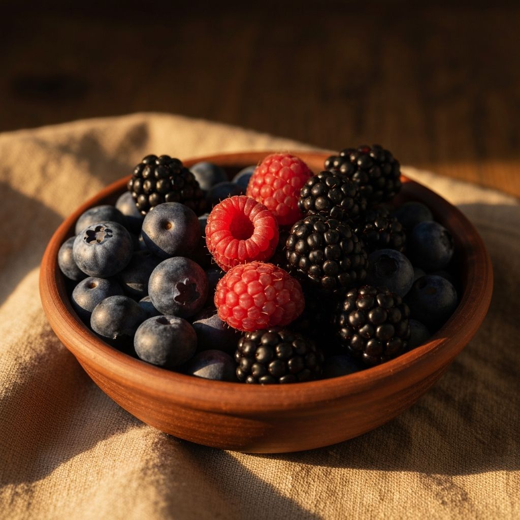 Fresh colorful berries in a clay bowl