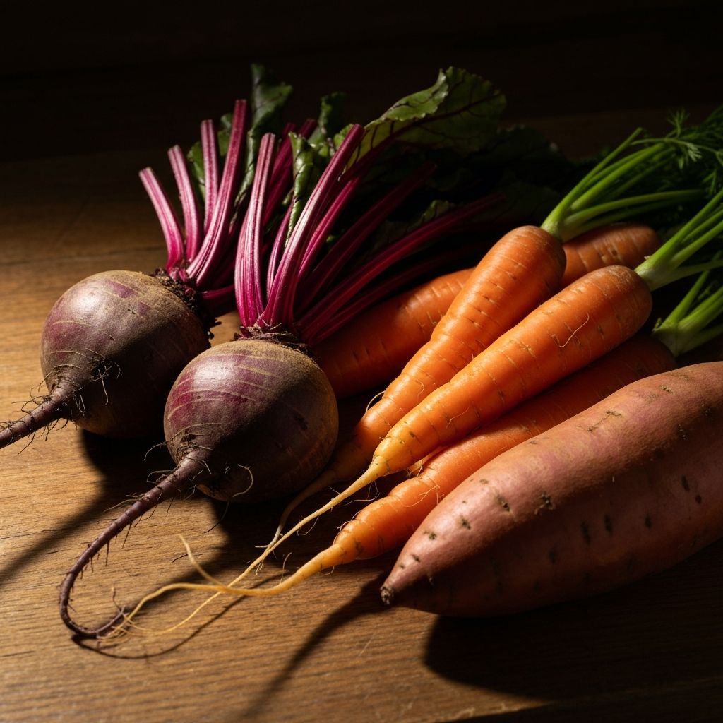 Vibrant root vegetables on a rustic wooden surface